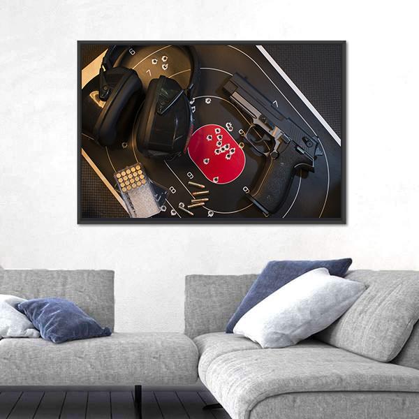 Pistol Target And Ammo Canvas Wall Art-5 Horizontal-Gallery Wrap-22" x 12"-Tiaracle