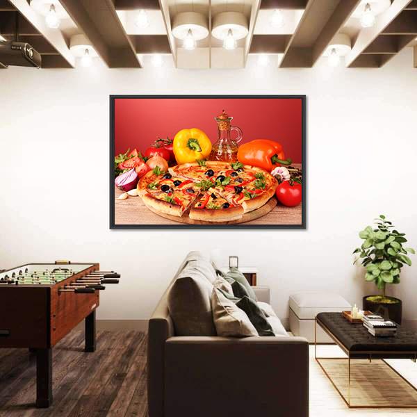 Pizza And Vegetables On A Table Canvas Wall Art-5 Horizontal-Gallery Wrap-22" x 12"-Tiaracle