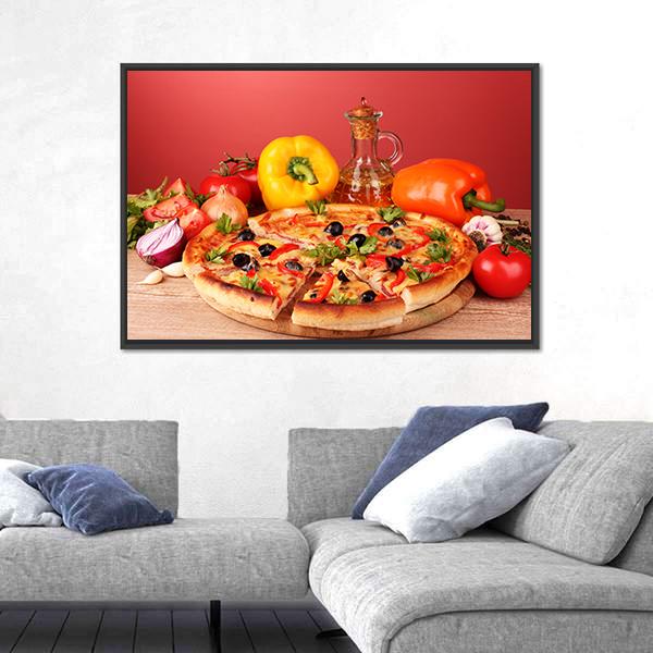 Pizza And Vegetables On A Table Canvas Wall Art-5 Horizontal-Gallery Wrap-22" x 12"-Tiaracle
