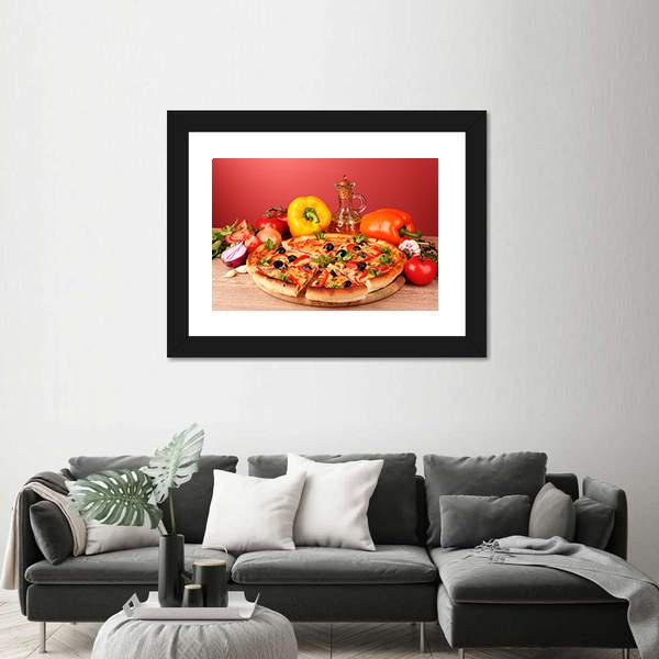 Pizza And Vegetables On A Table Canvas Wall Art-5 Horizontal-Gallery Wrap-22" x 12"-Tiaracle