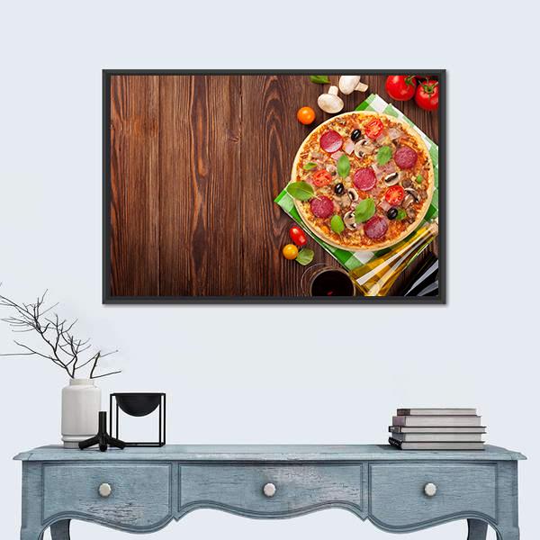 Pizza On Wooden Table Canvas Wall Art-1 Piece-Floating Frame-24" x 16"-Tiaracle