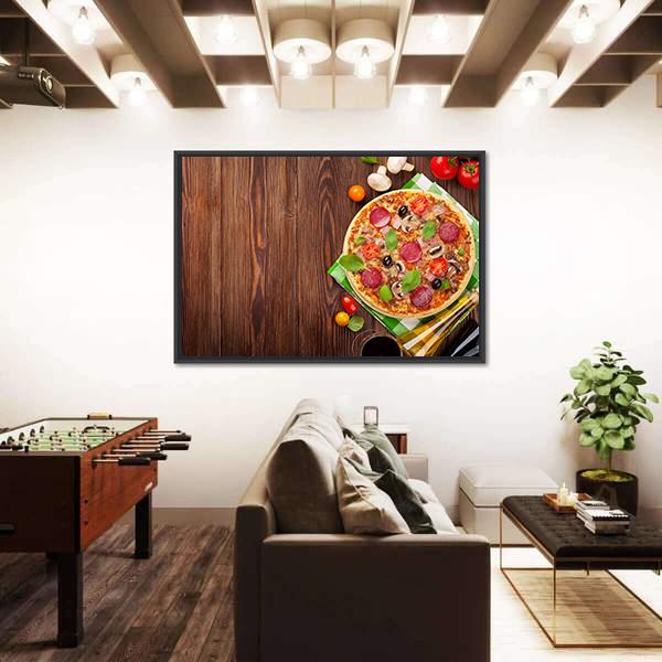 Pizza On Wooden Table Canvas Wall Art-3 Horizontal-Gallery Wrap-25" x 16"-Tiaracle
