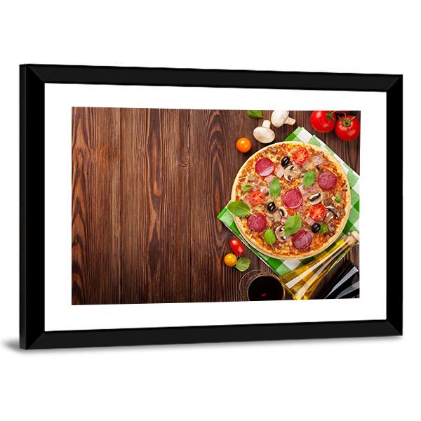 Pizza On Wooden Table Canvas Wall Art-3 Horizontal-Gallery Wrap-25" x 16"-Tiaracle