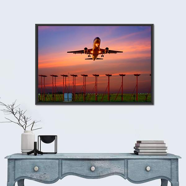 Plane Fly Up Over Take-Off Runway Canvas Wall Art-1 Piece-Floating Frame-24" x 16"-Tiaracle