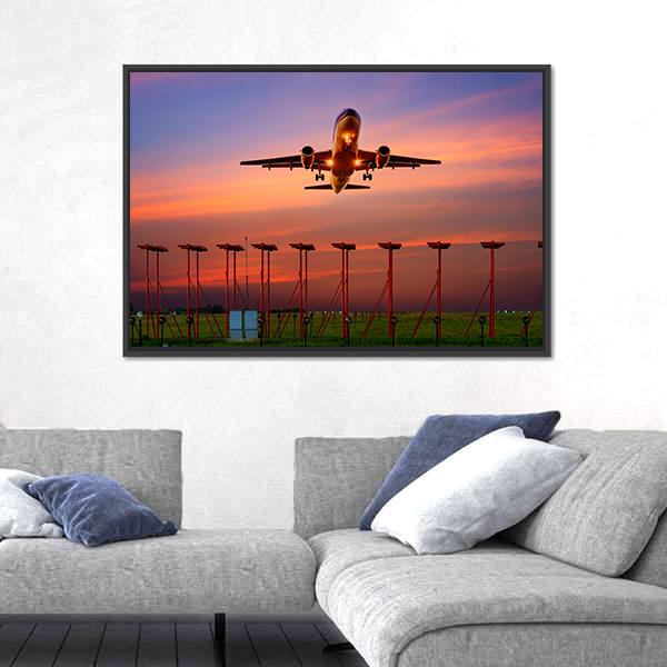 Plane Fly Up Over Take-Off Runway Canvas Wall Art-5 Horizontal-Gallery Wrap-22" x 12"-Tiaracle