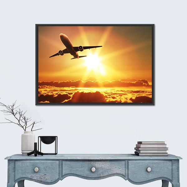 Plane Takes Off At Sunrise Canvas Wall Art-1 Piece-Floating Frame-24" x 16"-Tiaracle