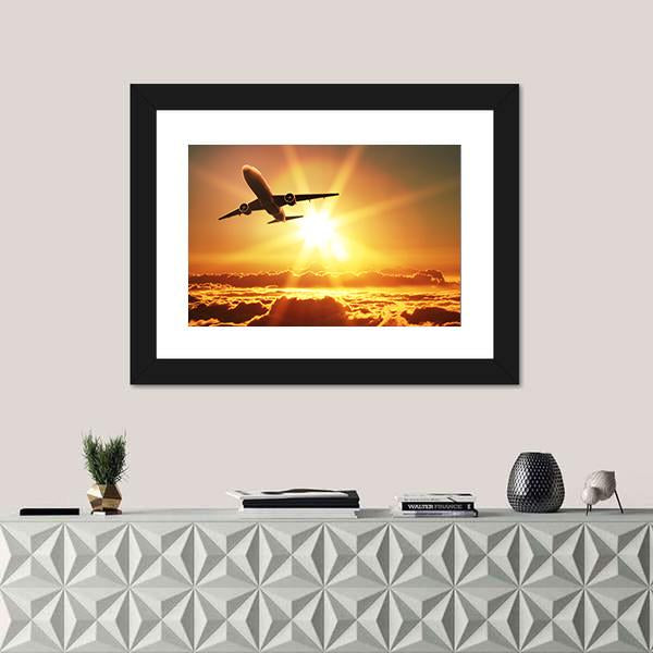 Plane Takes Off At Sunrise Canvas Wall Art-1 Piece-Framed Print-20" x 16"-Tiaracle