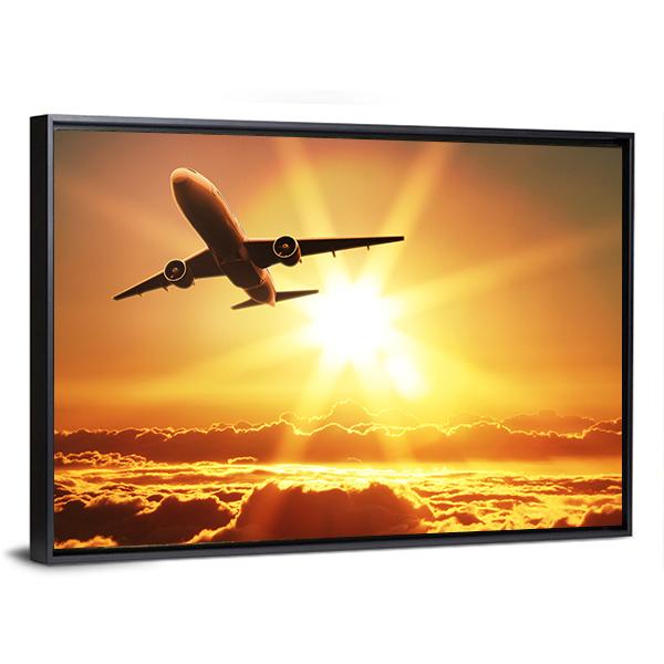 Plane Takes Off At Sunrise Canvas Wall Art-3 Horizontal-Gallery Wrap-25" x 16"-Tiaracle
