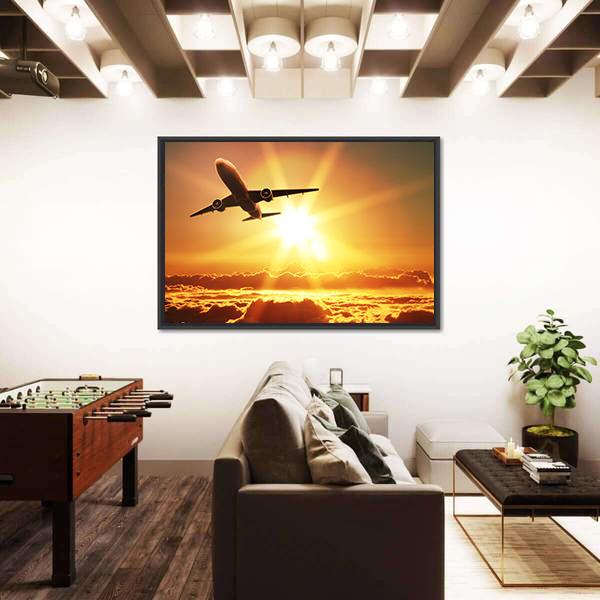 Plane Takes Off At Sunrise Canvas Wall Art-3 Horizontal-Gallery Wrap-25" x 16"-Tiaracle