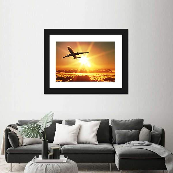 Plane Takes Off At Sunrise Canvas Wall Art-3 Horizontal-Gallery Wrap-25" x 16"-Tiaracle