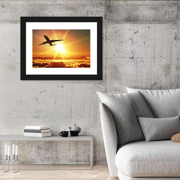 Plane Takes Off At Sunrise Canvas Wall Art-3 Horizontal-Gallery Wrap-25" x 16"-Tiaracle