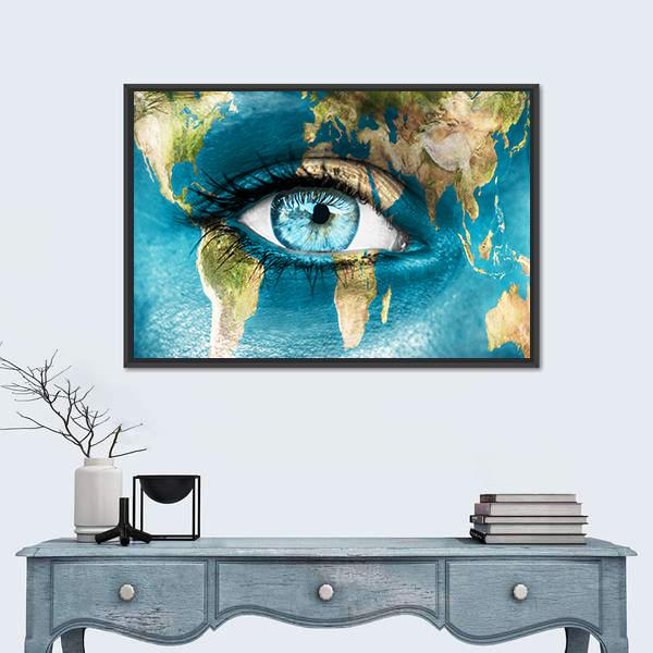 Planet Earth And Blue Human Eye Canvas Wall Art-1 Piece-Floating Frame-24" x 16"-Tiaracle