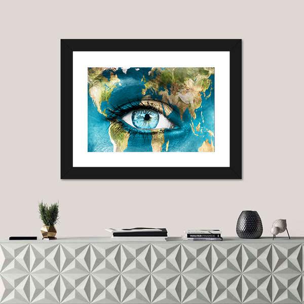 Planet Earth And Blue Human Eye Canvas Wall Art-1 Piece-Framed Print-20" x 16"-Tiaracle