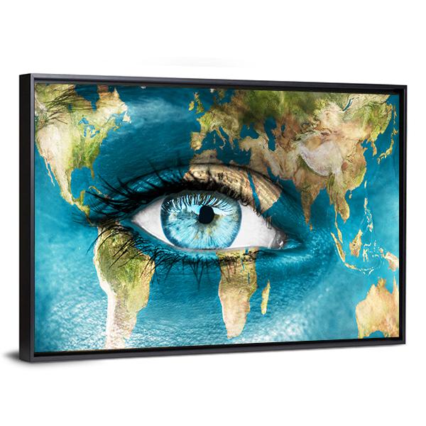 Planet Earth And Blue Human Eye Canvas Wall Art-3 Horizontal-Gallery Wrap-25" x 16"-Tiaracle