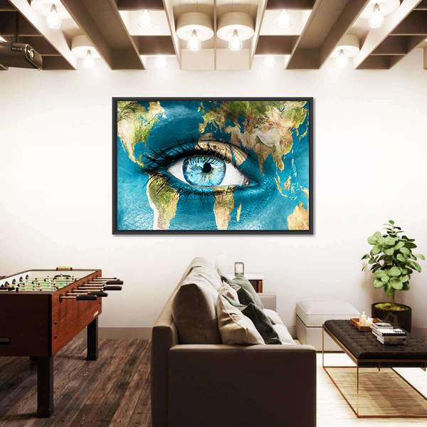 Planet Earth And Blue Human Eye Canvas Wall Art-3 Horizontal-Gallery Wrap-25" x 16"-Tiaracle