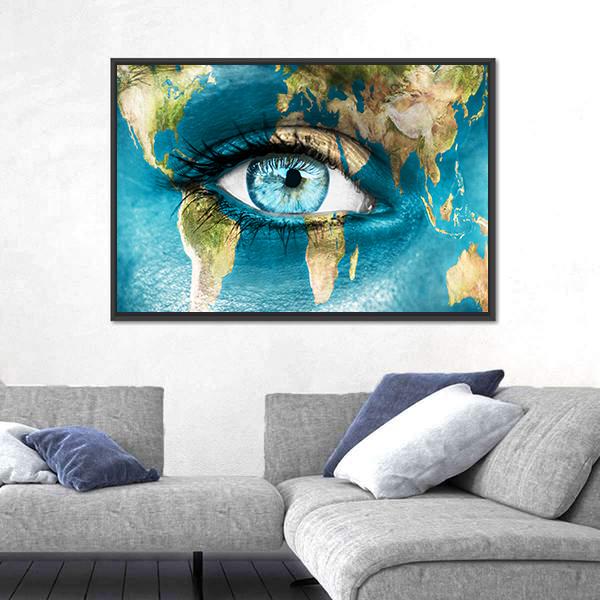 Planet Earth And Blue Human Eye Canvas Wall Art-3 Horizontal-Gallery Wrap-25" x 16"-Tiaracle