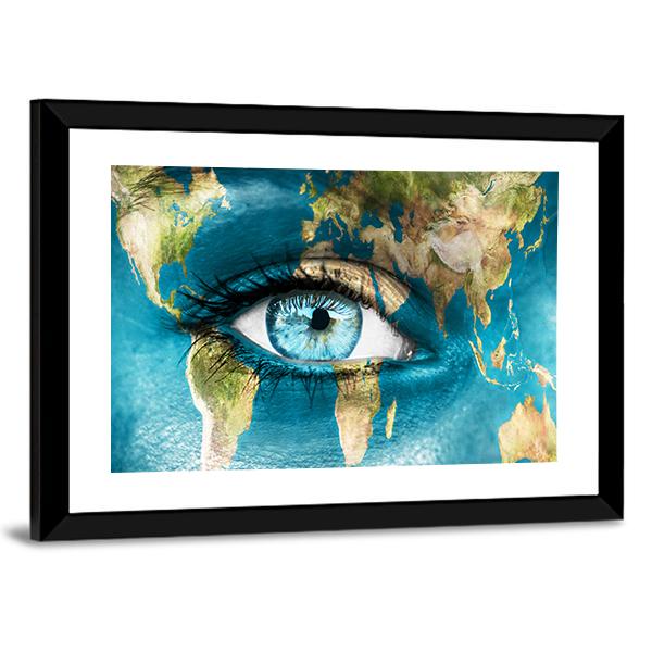 Planet Earth And Blue Human Eye Canvas Wall Art-3 Horizontal-Gallery Wrap-25" x 16"-Tiaracle