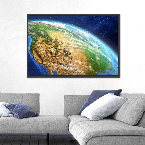 Earth from Space Illustration Canvas Wall Art in brown, green and blue, framed canvas, product view on a white background