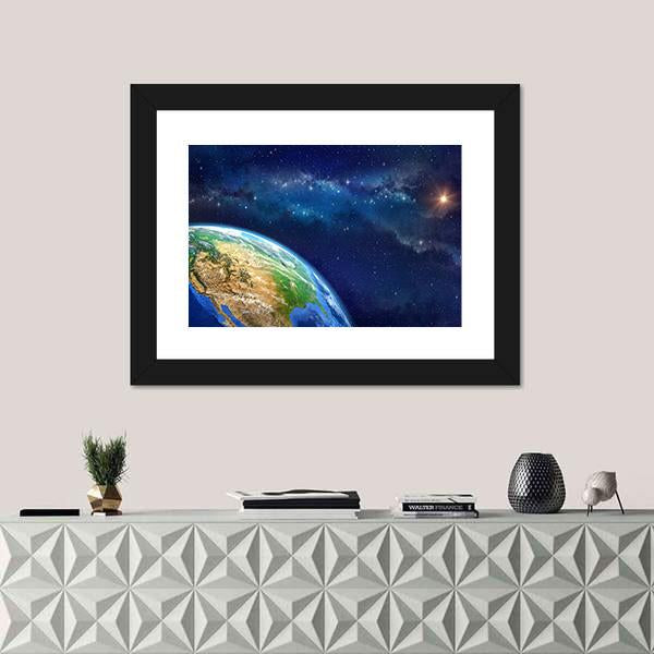 Planet Earth In Outer Space Canvas Wall Art-1 Piece-Framed Print-20" x 16"-Tiaracle