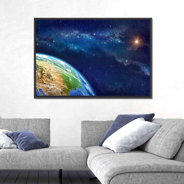 Planet Earth In Outer Space Canvas Wall Art-3 Horizontal-Gallery Wrap-25" x 16"-Tiaracle