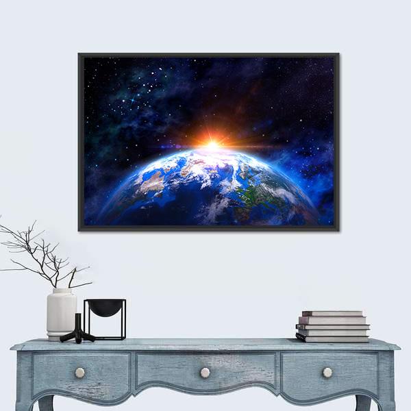 Planet Earth In Outer Space With Rising Sun Canvas Wall Art-1 Piece-Floating Frame-24&quot; x 16&quot;-Tiaracle