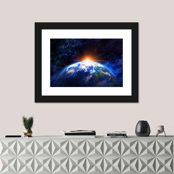 Planet Earth In Outer Space With Rising Sun Canvas Wall Art-1 Piece-Framed Print-20" x 16"-Tiaracle