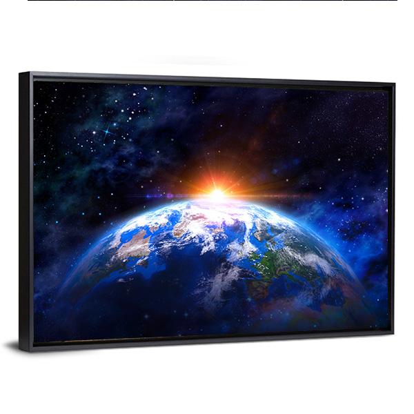Planet Earth In Outer Space With Rising Sun Canvas Wall Art-3 Horizontal-Gallery Wrap-25&quot; x 16&quot;-Tiaracle