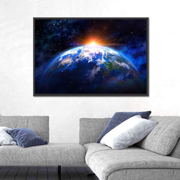 Planet Earth In Outer Space With Rising Sun Canvas Wall Art-3 Horizontal-Gallery Wrap-25&quot; x 16&quot;-Tiaracle