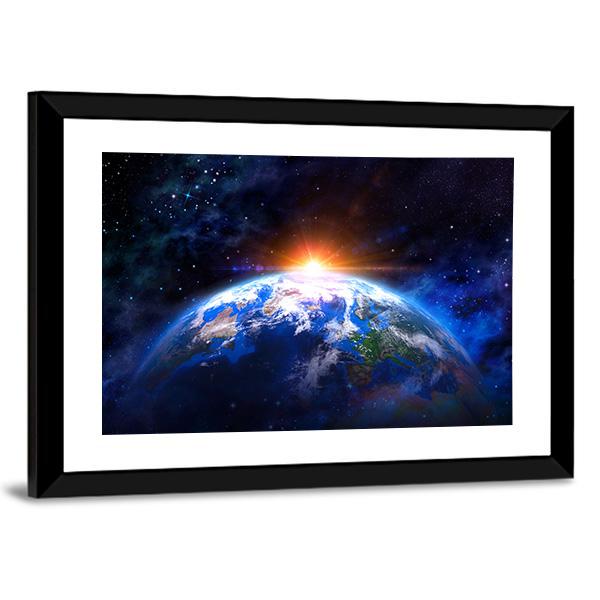 Planet Earth In Outer Space With Rising Sun Canvas Wall Art-3 Horizontal-Gallery Wrap-25&quot; x 16&quot;-Tiaracle