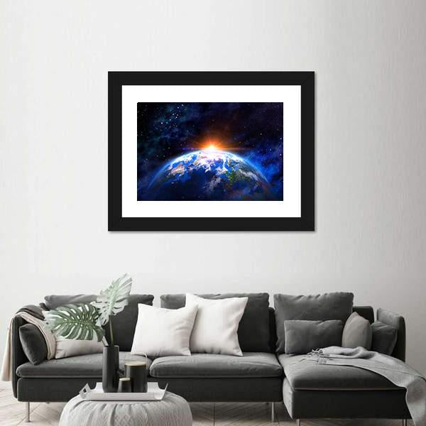 Planet Earth In Outer Space With Rising Sun Canvas Wall Art-3 Horizontal-Gallery Wrap-25&quot; x 16&quot;-Tiaracle