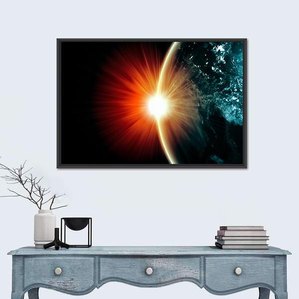 Planet Earth With Appearing Sunbeam Light Canvas Wall Art-1 Piece-Floating Frame-24" x 16"-Tiaracle