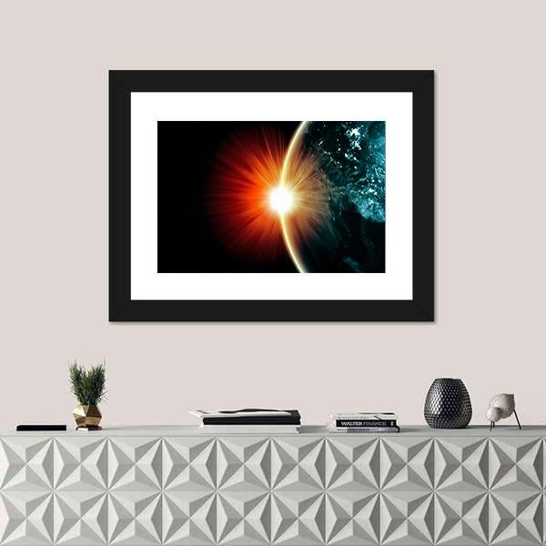Planet Earth With Appearing Sunbeam Light Canvas Wall Art-1 Piece-Framed Print-20" x 16"-Tiaracle