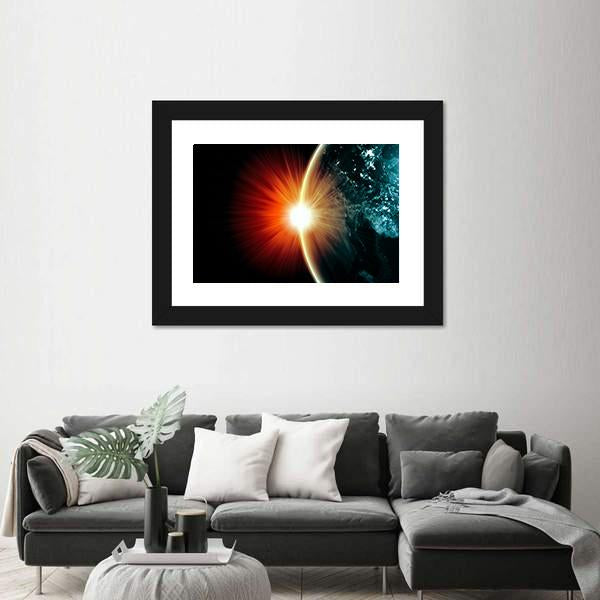 Planet Earth With Appearing Sunbeam Light Canvas Wall Art-3 Horizontal-Gallery Wrap-25" x 16"-Tiaracle