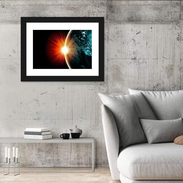 Planet Earth With Appearing Sunbeam Light Canvas Wall Art-3 Horizontal-Gallery Wrap-25" x 16"-Tiaracle