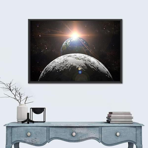 Planet Earth With Moon And Sun Canvas Wall Art-1 Piece-Floating Frame-24" x 16"-Tiaracle