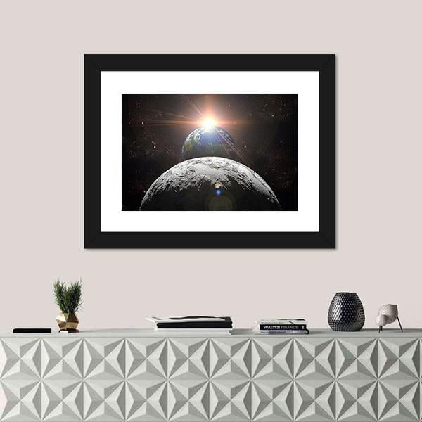 Planet Earth With Moon And Sun Canvas Wall Art-1 Piece-Framed Print-20" x 16"-Tiaracle