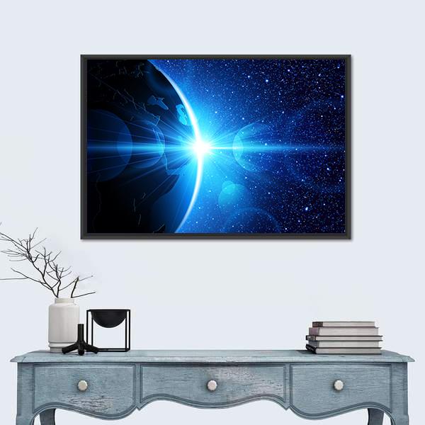 Planet Earth With Sunrise In Space Canvas Wall Art-1 Piece-Floating Frame-24" x 16"-Tiaracle