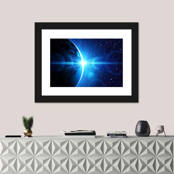 Planet Earth With Sunrise In Space Canvas Wall Art-1 Piece-Framed Print-20" x 16"-Tiaracle