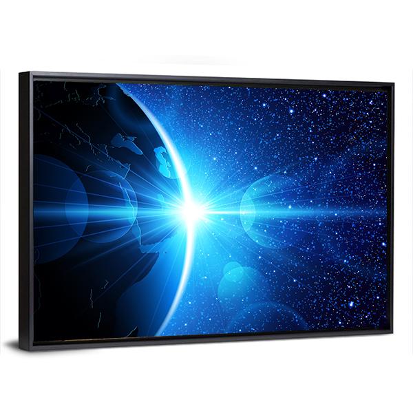 Planet Earth With Sunrise In Space Canvas Wall Art-3 Horizontal-Gallery Wrap-25" x 16"-Tiaracle