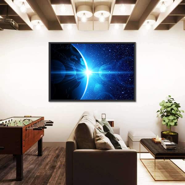 Planet Earth With Sunrise In Space Canvas Wall Art-5 Horizontal-Gallery Wrap-22" x 12"-Tiaracle