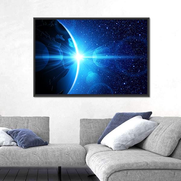 Planet Earth With Sunrise In Space Canvas Wall Art-5 Horizontal-Gallery Wrap-22" x 12"-Tiaracle