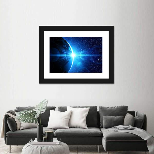 Planet Earth With Sunrise In Space Canvas Wall Art-3 Horizontal-Gallery Wrap-25" x 16"-Tiaracle