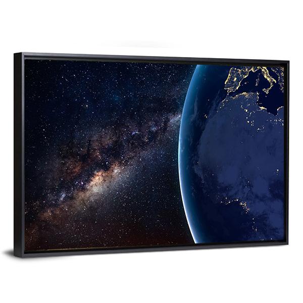 Planet Earth and Milky Way At Night Canvas Wall Art-3 Horizontal-Gallery Wrap-25" x 16"-Tiaracle