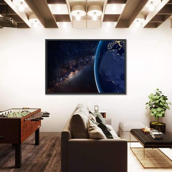 Planet Earth and Milky Way At Night Canvas Wall Art-3 Horizontal-Gallery Wrap-25" x 16"-Tiaracle