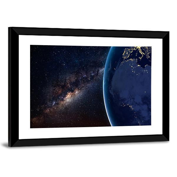 Planet Earth and Milky Way At Night Canvas Wall Art-3 Horizontal-Gallery Wrap-25" x 16"-Tiaracle