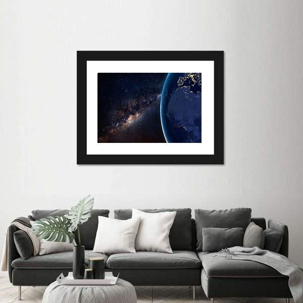 Planet Earth and Milky Way At Night Canvas Wall Art-3 Horizontal-Gallery Wrap-25" x 16"-Tiaracle