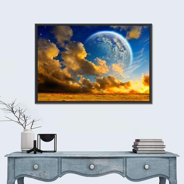 Planet On Fantasy Landscape Canvas Wall Art-1 Piece-Floating Frame-24" x 16"-Tiaracle