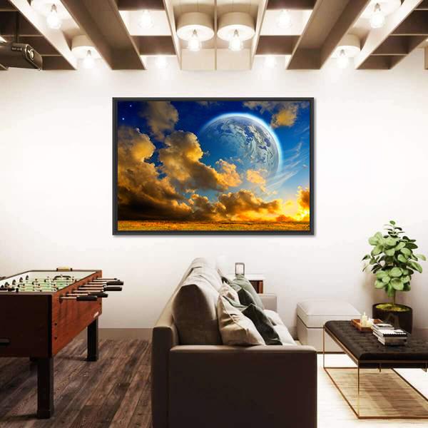 Planet On Fantasy Landscape Canvas Wall Art-5 Horizontal-Gallery Wrap-22" x 12"-Tiaracle