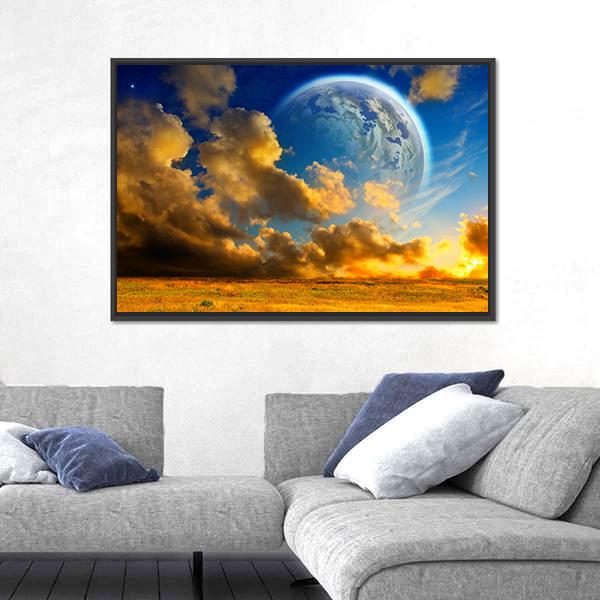 Planet On Fantasy Landscape Canvas Wall Art-5 Horizontal-Gallery Wrap-22" x 12"-Tiaracle
