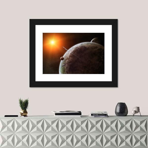 Planet With Its Moon Moving Around Star Canvas Wall Art-1 Piece-Framed Print-20" x 16"-Tiaracle